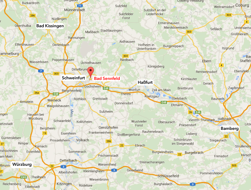 Lage von Bad Sennfeld bei Schweinfurt zwischen Bamberg und Würzburg